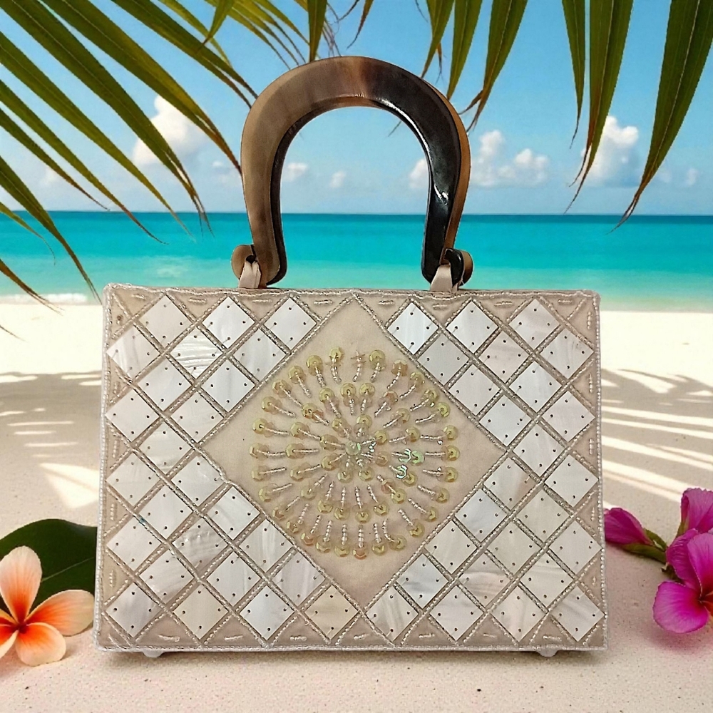 Mod by Design‎ Mother of Pearl Mosaic Bag   Beaded Satin Lucite Handles MCM Vtg